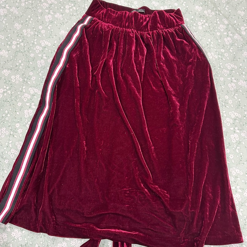 Zara Velvet Burgundy Skirt with Stripe Detail